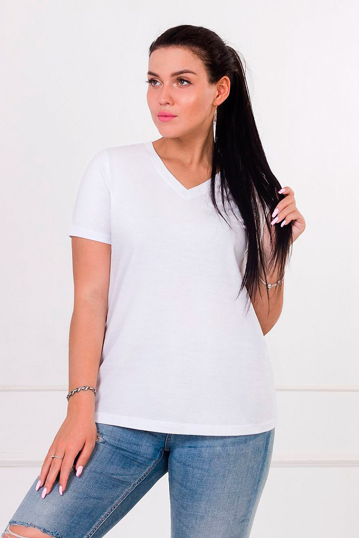 Фото товара 22163, белая женская футболка с v-образным вырезом